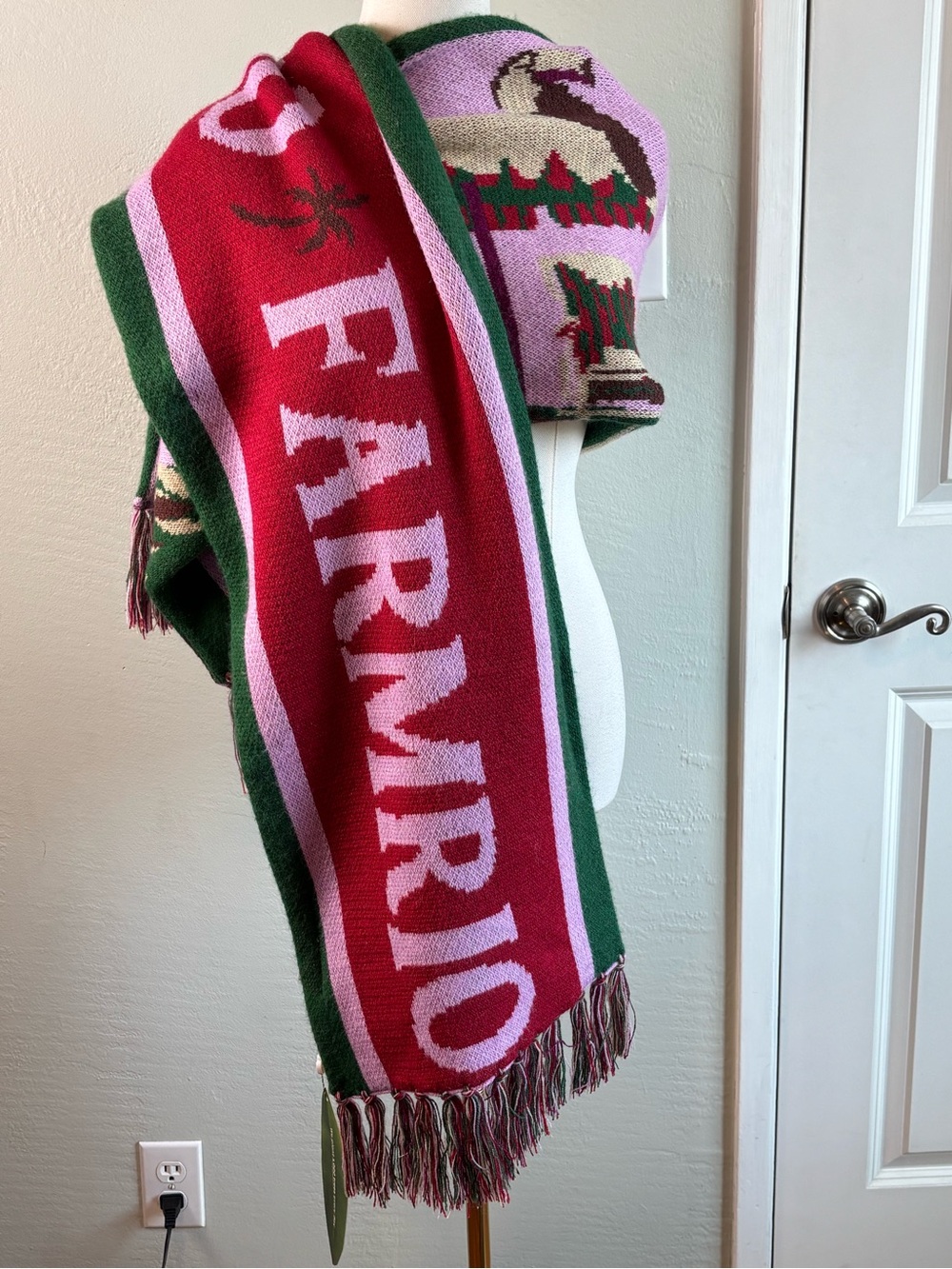 FARM Rio Pink, Red & Green Knit Scarf with Tassel Trim